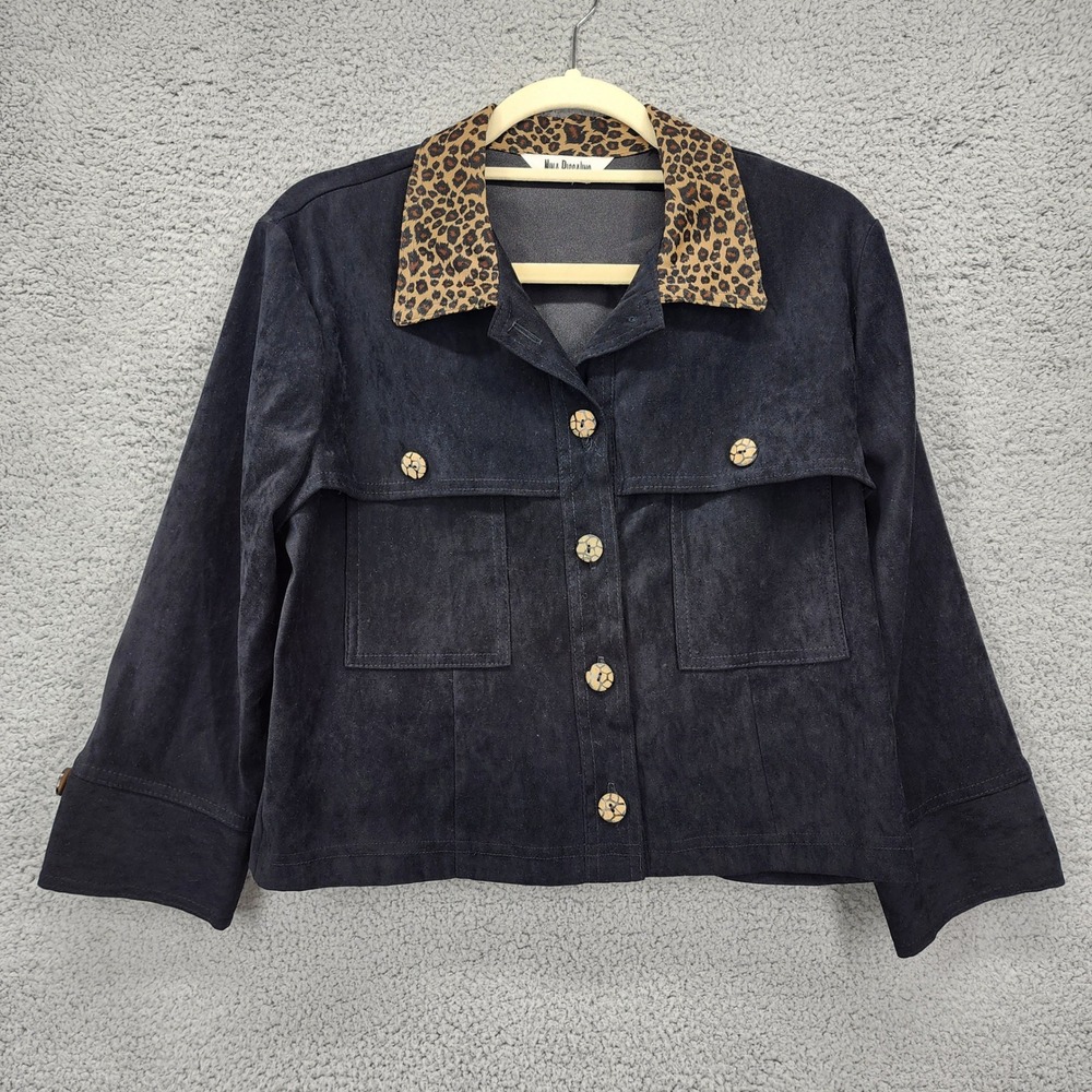Nina Piccalino Vintage Black Faux Suede Leopard‎ Print Collar Button Front Shirt